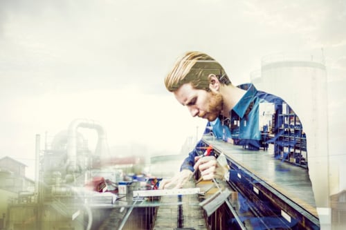 Illustration: Man jobbar i ett laboratorium för materialtester.