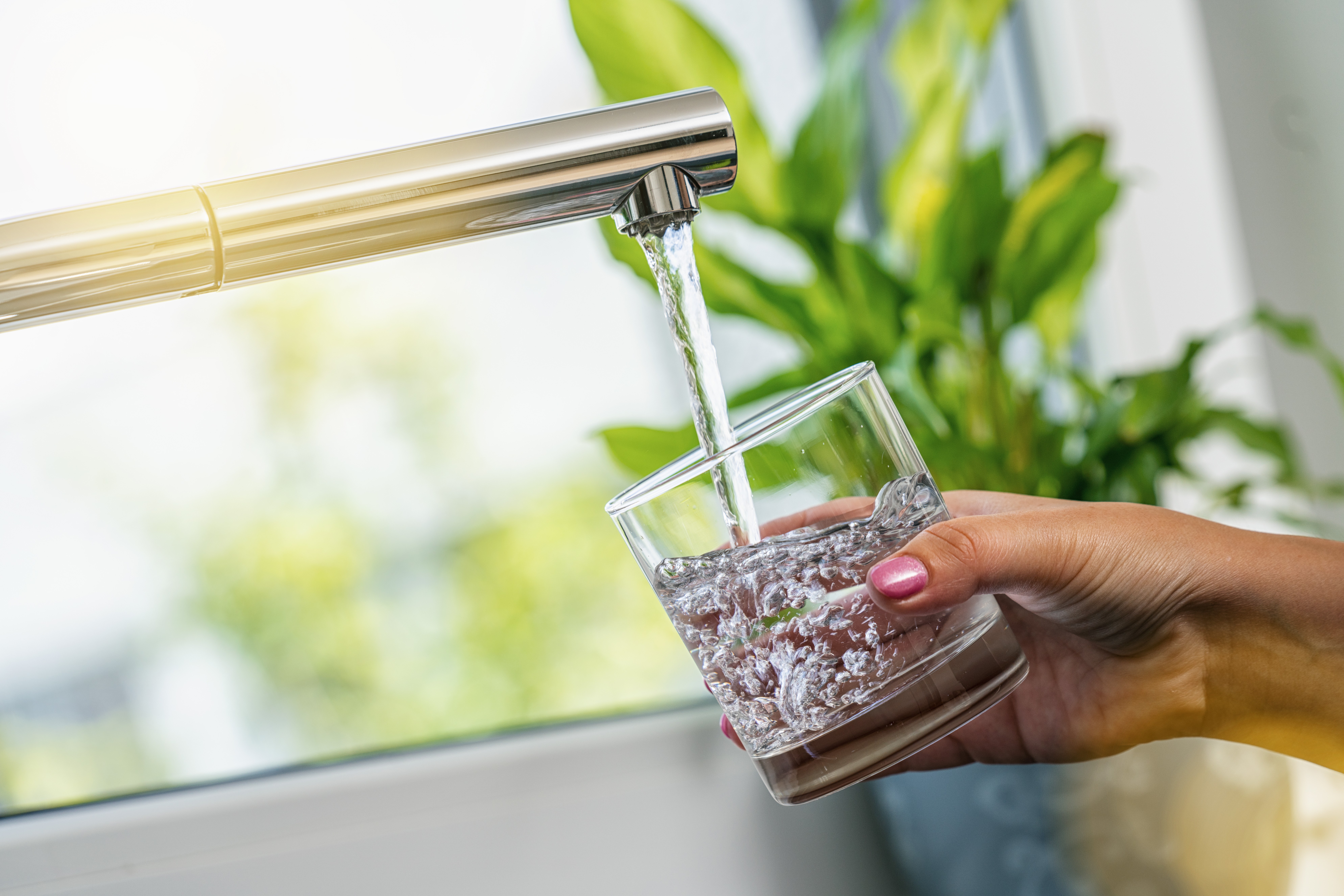 Une main tenant un verre sous le robinet