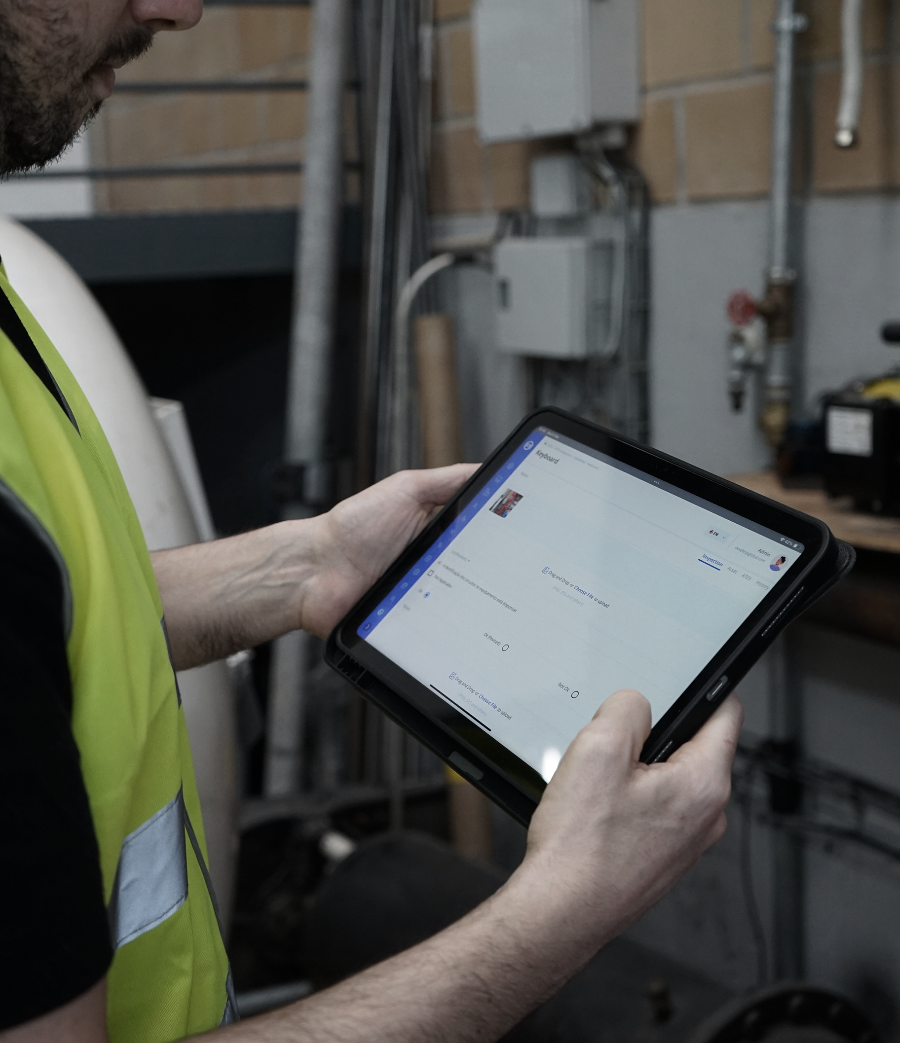 Worker in a high-visibility vest holding a tablet in an industrial facility.