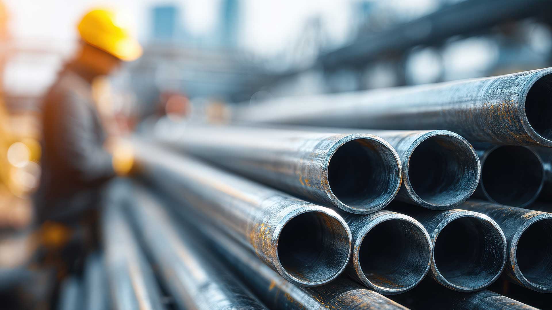 Staplade metallrör på en byggarbetsplats med en suddig arbetare i gul hjälm i bakgrunden - Kiwa erbjuder tillverkningskontroll av godkända byggprodukter.