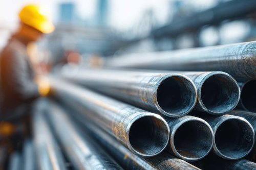 Staplade metallrör på en byggarbetsplats med en suddig arbetare i gul hjälm i bakgrunden - Kiwa erbjuder tillverkningskontroll av godkända byggprodukter.
