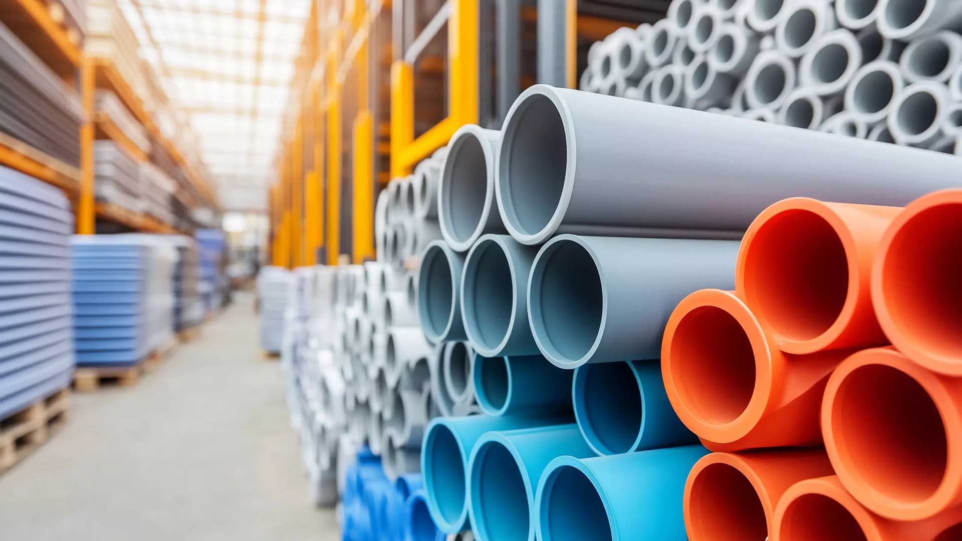 Staplade plast- och avloppsrör i olika färger i ett industrilager.