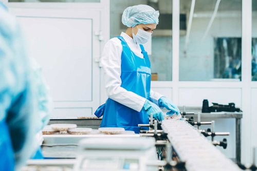 Person i skyddskläder och hårnät som arbetar vid ett produktionsband i en livsmedelsfabrik.