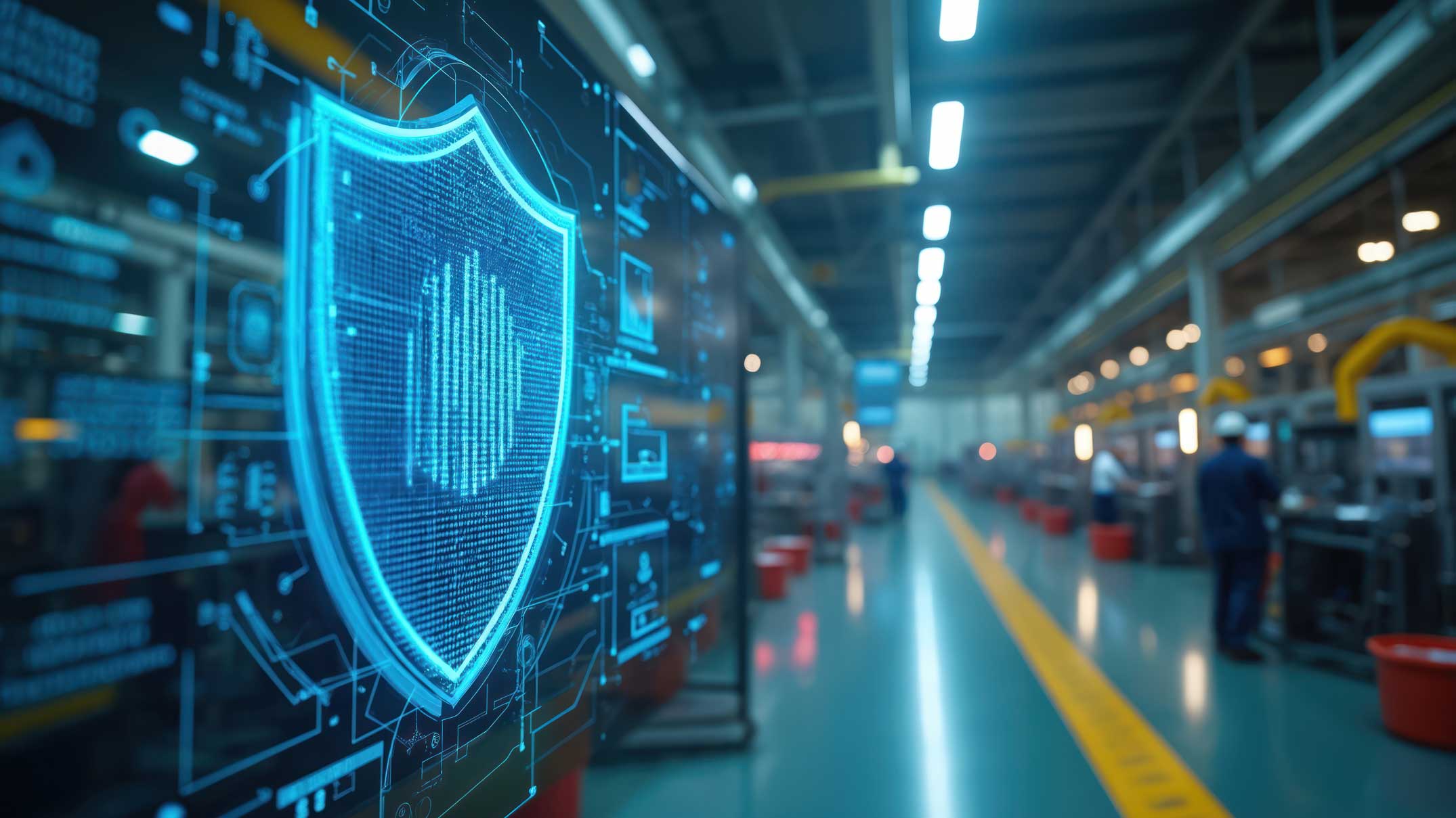 Digitalt säkerhetsskydd med sköldikon i en modern industrimiljö.