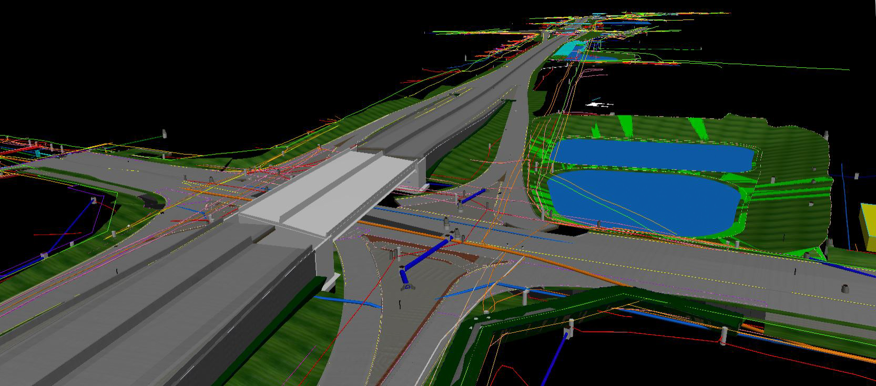 3D roadway engineering model of a highway interchange with overpasses, ramps, and colored survey lines on a black background.