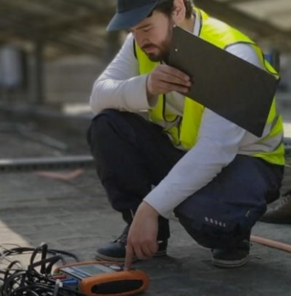 Kiwa PI Berlin employee in a high-visibility safety vest crouching on a construction site and inspecting tools and cables on the ground.